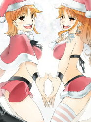 Rule 34 | 2girls, :d, arched back, ass, boots, bra, breasts, christmas, cowboy shot, dual persona, earrings, female focus, from side, fur trim, hat, image sample, jewelry, long hair, looking at viewer, midriff, multiple girls, nami (one piece), official alternate hairstyle, one piece, open mouth, orange eyes, orange hair, pixiv sample, resized, rurouni187, santa costume, santa hat, short hair, skindentation, skirt, smile, snowflakes, striped legwear, tattoo, teeth, thighhighs, time paradox, underwear, upper teeth only, white background, wristband