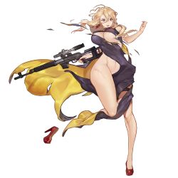 Rule 34 | 1girl, amy razor, bare arms, bare legs, blonde hair, breasts, clothes between thighs, dress, earrings, full body, game cg, groin, gun, handgun, high heels, highres, jewelry, large breasts, last origin, lipstick, long dress, long hair, looking at viewer, makeup, nail polish, navel, nipple slip, nipples, official art, pistol, purple eyes, red nails, rifle, rorobomb, shoes, side slit, single shoe, solo, tachi-e, thighs, torn clothes, transparent background, turtleneck, turtleneck dress, weapon, wide hips