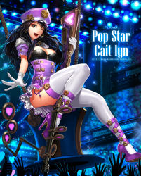 Rule 34 | 1girl, :d, absurdres, alternate costume, audience, black eyes, black hair, breasts, caitlyn (league of legends), character name, cherrylich, daeho cha, english text, garter straps, gloves, gun, hat, headset, heart, high heels, highres, jewelry, league of legends, looking at viewer, necklace, one eye closed, open mouth, rifle, riot games, smile, sniper rifle, solo, thighhighs, weapon, white gloves, white thighhighs, wink