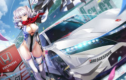 Rule 34 | 1girl, alternate costume, blue eyes, blue sky, blurry, blush, breasts, car, checkered flag, cleavage, clothes writing, cloud, cloudy sky, contrail, day, depth of field, dutch angle, flag, gluteal fold, grey hair, hasaya, highleg, highleg leotard, honda, honda nsx, kantai collection, kashima (kancolle), large breasts, lens flare, leotard, long hair, looking at viewer, motor vehicle, outdoors, parted lips, race queen, sky, smile, solo, solo focus, standing, thighhighs, thighs, tsurime, twintails, vehicle focus, white thighhighs