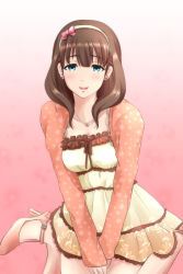 Rule 34 | 10s, 1girl, blue eyes, blunt bangs, blush, breasts, brown hair, dress, earrings, floral print, hairband, high heels, idolmaster, idolmaster cinderella girls, jewelry, looking at viewer, necklace, open mouth, pink background, popon ta, ribbon, sakuma mayu, seiza, short hair, simple background, sitting, smile, solo