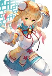 Rule 34 | 1girl, blonde hair, breasts, bun cover, chinese clothes, detached sleeves, double bun, fighting stance, flower, gradient hair, green eyes, hair between eyes, hair bun, hair flower, hair ornament, highres, hololive, large breasts, long hair, looking at viewer, momosuzu nene, multicolored hair, neck bell, pantyhose, pink hair, red ribbon, ribbon, scottie (phantom2), solo, virtual youtuber, white flower, white pantyhose, yellow sleeves