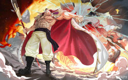 Rule 34 | 1boy, abs, absurdres, apymian, baggy pants, bandana, bara, battle, coat, coat on shoulders, crack, cracking ground, devil fruit power, edward newgate, explosion, facial hair, from below, full body, highres, huge weapon, large pectorals, long mustache, male focus, muscular, muscular male, mustache, navel, nipples, old, old man, one piece, outstretched arm, pants, pectorals, pirate, planted, scar, smile, solo, stomach, strongman waist, thick eyebrows, thick mustache, weapon