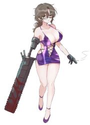 Rule 34 | 1girl, black gloves, bodycon, breasts, brown hair, cigarette, dress, full body, genderswap, genderswap (mtf), glasses, gloves, gregor (project moon), highres, holding, holding cigarette, huge breasts, kikkoinu, limbus company, long hair, looking at viewer, low ponytail, mechanical arms, parted bangs, project moon, purple dress, purple footwear, saw, shoes, single mechanical arm, solo, yellow eyes