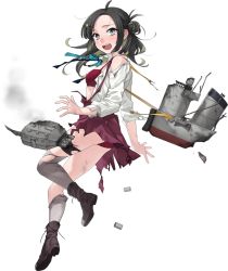 Rule 34 | 1girl, black hair, blouse, boots, bow, bowtie, brown hair, cannon, cross-laced footwear, depth charge, double bun, dress, fujikawa, full body, grey eyes, grey pantyhose, hair bun, halterneck, kantai collection, lace-up boots, long sleeves, looking at viewer, makinami (kancolle), medium hair, multicolored hair, official art, pantyhose, pleated skirt, purple pantyhose, purple skirt, school uniform, shirt, skirt, teeth, torn clothes, torn legwear, torpedo, torpedo launcher, torpedo tubes, transparent background, turret, two-tone hair, upper teeth only, vest, white shirt