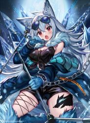 Rule 34 | 1girl, ahoge, akabane (zebrasmise), animal ears, bare shoulders, black-framed eyewear, black shirt, black shorts, blue jacket, blue theme, chain, crop top, eyewear on head, fang, fenrir (wixoss), front-tie top, fur collar, highres, holding, ice, jacket, long hair, long sleeves, looking at viewer, microphone, midriff, off shoulder, official art, open clothes, open jacket, open mouth, red eyes, shirt, short shorts, shorts, silver hair, sleeveless, sleeveless shirt, solo, sunglasses, thighs, v-shaped eyebrows, wixoss, wolf ears, wolf girl