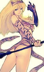 Rule 34 | 00s, 1girl, animal print, ass, blonde hair, blue eyes, bridal gauntlets, captain of the royal guard elina, elbow gloves, elina (queen&#039;s blade), elina (queen's blade), fumio (rsqkr), gauntlets, gloves, hairband, long hair, panties, queen&#039;s blade, solo, staff, thong, tiger print, underwear