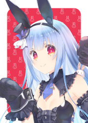 Rule 34 | 1girl, animal ears, animal hands, armpits, black dress, blue hair, breasts, cleavage, closed mouth, don-chan (usada pekora), dress, gloves, hands up, hat, highres, hololive, light blue hair, long hair, looking at viewer, mini hat, mini top hat, mitsumi misato, necktie, official alternate costume, paw gloves, rabbit-shaped pupils, rabbit ears, red eyes, sleeveless, sleeveless dress, small breasts, smile, symbol-shaped pupils, top hat, usada pekora, usada pekora (furi furi bunny dress), virtual youtuber, wrist cuffs