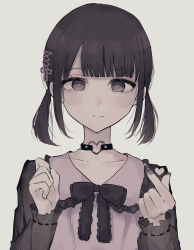 Rule 34 | 1girl, bad id, bad pixiv id, black bow, black choker, black hair, bow, brown eyes, brown nails, choker, closed mouth, collarbone, collared shirt, commentary request, fingernails, frilled shirt collar, frills, grey background, heart o-ring, highres, long fingernails, long sleeves, looking at viewer, middle finger, nail polish, original, pink shirt, shirt, simple background, smile, solo, tsuruse, twintails, upper body