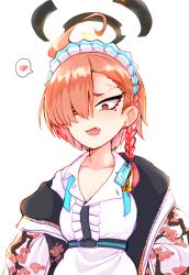 Rule 34 | 1girl, ahoge, anger vein, belt, blue archive, braid, earrings, fang, floral print, hair over one eye, halo, heart, highres, jacket, jewelry, long hair, looking at viewer, maid headdress, mole, mole under eye, neru (blue archive), open mouth, orange hair, red eyes, shiming liangjing, simple background, solo, spoken heart, white background
