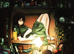 Rule 34 | 1girl, apple, barefoot, black hair, book, bottle, box, cellphone, closed mouth, commentary request, dress, flat (oab71kq), food, from side, fruit, green dress, green eyes, headphones, holding, holding phone, lamp, night, original, phone, reclining, scroll, skull, smartphone, solo, vial