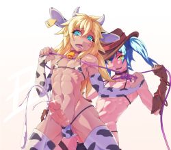 Rule 34 | 2boys, anal, animal ears, animal print, blonde hair, blue eyes, blue hair, bulge, censored, cow ears, cow horns, cow print, crossdressing, cum, cum in ass, ejaculating while penetrated, ejaculation, exrano, fake animal ears, fake horns, hat, horns, long hair, male focus, male penetrated, multiple boys, muscular, muscular male, open mouth, original, penis, sex, sex from behind, simple background, thighhighs, trap, twintails, white background, yaoi, yellow eyes