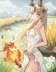 Rule 34 | 1girl, absurdres, arknights, blonde hair, cowboy shot, dragon girl, dragon horns, dragon tail, dress, flame-tipped tail, flashing, green eyes, highres, horns, lifting own clothes, long hair, looking at viewer, no panties, outdoors, reed (arknights), reeds, river, runyo (yale12312), see-through, sidelocks, smile, tail, thighs, wet, wet clothes, wet dress, white dress, wind