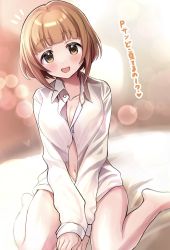Rule 34 | 1girl, bare legs, barefoot, blunt bangs, blurry, blurry background, blush, bokeh, breasts, brown hair, cleavage, collarbone, depth of field, highres, idolmaster, idolmaster cinderella girls, kitami yuzu, looking at viewer, medium breasts, naked shirt, navel, no pants, notice lines, own hands together, shirt, sitting, smile, solo, translation request, wariza, yuzuhota0313