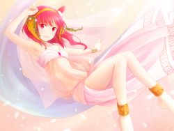 Rule 34 | 1girl, ankle band, ankle cuffs, anklet, arya (tianhua), barefoot, blush, hair ornament, hairband, jewelry, magi the labyrinth of magic, midriff, morgiana, navel, red eyes, red hair, short hair, side ponytail, solo, veil