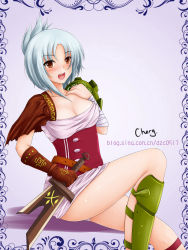 Rule 34 | 1girl, :d, absurdres, belt, blush, breasts, cheng, cleavage, gloves, hand on own chest, highres, large breasts, league of legends, looking at viewer, open mouth, red eyes, riven (league of legends), short hair, sitting, smile, solo, sword, weapon, white hair