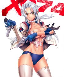 Rule 34 | 1girl, absurdres, breasts, buruma, covering privates, covering breasts, eight ball (triage x), gun, handgun, highres, jacket, kiba mikoto, long hair, official art, panties, revolver, s&amp;w model 627, satou shouji, shorts, simple background, smith &amp; wesson, solo, standing, thighhighs, torn buruma, torn clothes, torn jacket, torn thighhighs, triage x, underwear, weapon, white background, white hair, white thighhighs, yellow eyes