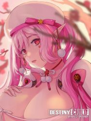 Rule 34 | artist request, branch, breasts, destiny child, earrings, hair ornament, hand on breast, hat, highres, huge breasts, jewelry, looking at viewer, pink hair, pointy ears, senga (destiny child)
