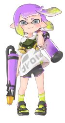 Rule 34 | 1girl, black footwear, black shorts, blunt bangs, carrying over shoulder, closed mouth, clothes writing, commentary, dolphin shorts, full body, gas mask, gomamiso (gomagoma bba), gradient hair, green hair, green socks, grey eyes, gym shorts, highres, sports sandals, holding, holding weapon, ink tank (splatoon), inkling, inkling girl, inkling player character, looking at viewer, mask, multicolored hair, nintendo, pointy ears, print shirt, print socks, purple hair, sandals, shirt, short hair, short shorts, shorts, simple background, single horizontal stripe, smile, socks, solo, splatoon (series), splatoon 2, splattershot pro (splatoon), standing, tentacle hair, weapon, white background, white shirt, wind