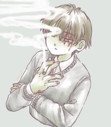 Rule 34 | 1boy, between fingers, black sweater, blood, blood on face, brown eyes, brown hair, cigarette, closed mouth, collared shirt, colored skin, commentary request, cropped torso, dress shirt, green skin, grey background, half-closed eyes, hand up, highres, holding, holding cigarette, holding own arm, injury, long sleeves, looking down, male focus, niwasakino daei, no pupils, shirt, shitaisan, short hair, signature, smoke trail, smoking, solo, sweater, white shirt, yume nikki, zombie