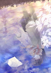 Rule 34 | 1boy, coat, flower, kuroyuki, letter, male focus, original, outstretched arm, paper, reflection, scarf, solo, upside-down, water