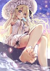 Rule 34 | 1girl, :o, animal, bare arms, bare shoulders, barefoot, black ribbon, blonde hair, blush, breasts, brown eyes, cloud, cloudy sky, commentary request, crossed legs, dress, fang, feet, food, hair between eyes, hair ornament, hair ribbon, hairclip, hands up, hat, highres, holding, holding food, legs, long hair, medium breasts, one side up, open mouth, original, outdoors, popsicle, rabbit, ribbon, sakura oriko, sky, sleeveless, sleeveless dress, soles, solo, sunset, very long hair, water, wet, white dress, white hat
