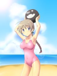 Rule 34 | 1girl, 4wiw, armpits, arms up, ball, beach, beachball, blue eyes, braid, brown hair, cloud, day, highres, holding, long hair, looking at viewer, lynette bishop, ocean, one-piece swimsuit, outdoors, single braid, sky, smile, solo, strike witches, swimsuit, water, world witches series