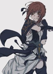 Rule 34 | 1girl, ancient greek clothes, black gloves, black ribbon, black thighhighs, clenched teeth, cowboy shot, fate/strange fake, fate (series), fingerless gloves, garter straps, gloves, greco-roman clothes, hair ribbon, highres, hippolyta (fate), looking at viewer, orange eyes, red hair, ribbon, sash, sidelocks, simple background, solo, sosotemuyo, stola, stretching, teeth, thighhighs, white background