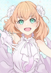Rule 34 | 1girl, collar, commentary request, dress, flower, frilled collar, frills, gloves, green eyes, hair flower, hair ornament, highres, hinoshita kaho, link! like! love live!, looking at viewer, love live!, medium hair, open mouth, orange hair, reaching, reaching towards viewer, sleeveless, sleeveless dress, solo, tomoe (tomoe 200), upper body, virtual youtuber, white dress, white gloves