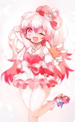 Rule 34 | 1girl, ;d, alternate costume, bad id, bad pixiv id, bow, cowboy shot, dress, elsword, frills, hair between eyes, hair bow, headset, highres, idol, laby (elsword), long hair, looking at viewer, one eye closed, open mouth, pink bow, pink dress, pink eyes, pink footwear, pink hair, pink theme, seu 9 (banya), shoes, simple background, smile, solo, standing, standing on one leg, waist bow, white background