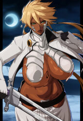 Rule 34 | 1girl, absurdres, alecto 0, arrancar, bleach, blonde hair, breast tattoo, breasts, brown lips, cowboy shot, dark-skinned female, dark skin, gloves, green eyes, high collar, highres, holding, holding sword, holding weapon, huge breasts, long hair, night, number tattoo, outdoors, resurreccion, revealing clothes, short hair with long locks, skull on head, solo, sword, tattoo, tier harribel, very long hair, weapon