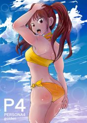 Rule 34 | 1girl, artist request, ass, atlus, bare shoulders, bikini, breasts, brown eyes, brown hair, from behind, kujikawa rise, long hair, looking at viewer, looking back, megami tensei, open mouth, persona, persona 4, shin megami tensei, shiny skin, sky, sun glare, swimsuit, tongue, twintails