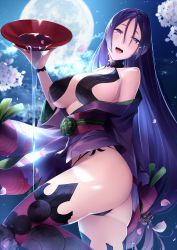 Rule 34 | 1girl, :d, alcohol, ass, bare shoulders, blush, bodysuit, breasts, cherry blossoms, cleavage, commentary request, cosplay, cowboy shot, cup, fate/grand order, fate (series), fingerless gloves, full moon, gloves, highres, holding, holding cup, huge breasts, japanese clothes, kimono, koruta (nekoimo), large breasts, long hair, looking at viewer, low-tied long hair, minamoto no raikou (fate), moon, navel, night, off shoulder, open clothes, open mouth, outdoors, parted bangs, petals, pouring, purple eyes, purple hair, revealing clothes, sakazuki, sake, shuten douji (fate), shuten douji (fate) (cosplay), sky, smile, solo, star (sky), starry sky, thighs, very long hair