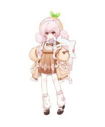 Rule 34 | 1girl, absurdres, animal ears, anqing, backpack, bag, bag charm, bcy, black footwear, bow, bowtie, brown bow, brown bowtie, brown coat, brown dress, cat ears, charm (object), coat, dress, highres, loose socks, low twintails, mary janes, red eyes, ruan miemie, shoes, socks, solo, standing, transparent background, twintails, white bag, white hair, white socks, yellow headwear
