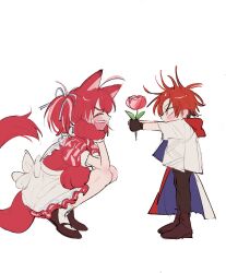 Rule 34 | 1boy, 1girl, akami karubi, animal ears, animal hands, apron, black pants, blush, boots, brown footwear, cat ears, cat girl, cat tail, child, coat, commentary request, dress, facing another, flower, from side, giving flower, gloves, hand on lap, hand on own chin, head rest, highres, hiiragi tsurugi, holding, holding flower, indie virtual youtuber, long sleeves, looking at another, mary janes, messy hair, neo-porte, open mouth, outstretched arms, pants, paw gloves, profile, puffy short sleeves, puffy sleeves, red dress, red flower, red hair, shoes, short hair, short sleeves, short twintails, simple background, smile, socks, sotokamo, squatting, tail, tsurime, twintails, v-shaped eyebrows, virtual youtuber, white apron, white background, white coat, white socks