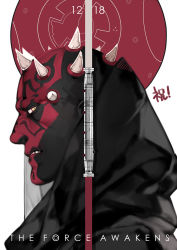 Rule 34 | 1boy, bald, colored skin, copyright name, darth maul, double bladed lightsaber, energy sword, facial mark, hood, horns, kayoubi088, lightsaber, male focus, red skin, solo, star wars, star wars: the force awakens, sword, teeth, weapon, white background, yellow eyes