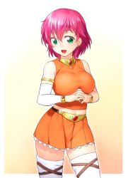 Rule 34 | 1990s (style), 1girl, bare shoulders, bracelet, breasts, detached sleeves, final fantasy, final fantasy v, gradient background, green eyes, jewelry, large breasts, lenna charlotte tycoon, looking at viewer, navel, onsoku inu, open mouth, orange shirt, pink hair, retro artstyle, shirt, short hair, smile, solo, thighhighs, white thighhighs, yellow background