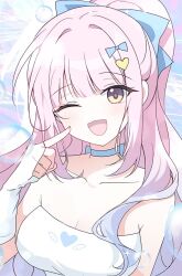 Rule 34 | 1girl, alternate costume, blue archive, blue bow, blush, bow, breasts, choker, cleavage, collarbone, dress, hair bow, long hair, medium breasts, mika (blue archive), one eye closed, open mouth, pink hair, seno (senohime), smile, solo, strapless, strapless dress, white choker, white dress, yellow eyes