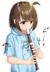 Rule 34 | 1girl, absurdres, blue hoodie, blush, bow, brown eyes, brown hair, clothes writing, commentary request, drawstring, english text, flute, hair bobbles, hair bow, hair ornament, highres, holding, holding flute, holding instrument, hood, hood down, hoodie, instrument, looking away, looking down, one side up, original, recorder, short sleeves, simple background, solo, sweat, trembling, tsunenorip, upper body, v-shaped eyebrows, white background, yellow bow