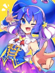 Rule 34 | 1girl, ahoge, back bow, blue eyes, blue hair, blue hat, blue wrist cuffs, bow, buttons, center frills, collared shirt, colored inner hair, fang, foreshortening, frilled wrist cuffs, frills, hair between eyes, hand up, hat, highres, light smile, long hair, low twintails, multicolored hair, musical note, nail polish, neck ribbon, one eye closed, open mouth, otomachi una, otomachi una (sugar), outline, pink hair, pink nails, purple skirt, red ribbon, ribbon, shirt, skin fang, skirt, sleeveless, sleeveless shirt, solo, star (symbol), star in eye, suama (haruichi), symbol in eye, twintails, v, v-shaped eyebrows, vocaloid, white bow, white outline, white shirt, wrist cuffs, yellow background, yellow trim