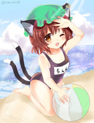 Rule 34 | 1girl, ;d, alternate costume, animal ear fluff, animal ears, arm up, ball, bare shoulders, barefoot, beachball, blush, breasts, brown eyes, brown hair, cat ears, cat tail, chen, cloud, collarbone, cumulonimbus cloud, day, earrings, fang, hand on forehead, hat, highres, horizon, jewelry, kneeling, light rays, looking at viewer, medium hair, mob cap, multiple tails, nekomata, one-piece swimsuit, one eye closed, open mouth, outdoors, ramudia (lamyun), see-through, single earring, skin fang, small breasts, smile, solo, swimsuit, tail, toes, touhou, two tails, water