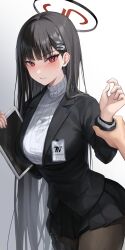 Rule 34 | 1girl, absurdres, black hair, black jacket, black pantyhose, black skirt, black suit, blue archive, blunt bangs, blush, breasts, bright pupils, clenched teeth, commentary, formal, gradient background, hair ornament, hairclip, halo, highres, holding, holding another&#039;s wrist, holding tablet pc, holster, id card, jacket, lapels, large breasts, long hair, long sleeves, looking at viewer, miniskirt, miudo, pantyhose, pleated skirt, red eyes, ribbed sweater, rio (blue archive), skirt, solo focus, suit, suit jacket, sweater, tablet pc, teeth, thigh holster, thigh strap, turtleneck, turtleneck sweater, very long hair, white pupils, white sweater