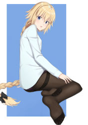 Rule 34 | 1girl, absurdres, black bow, black pantyhose, blonde hair, blue background, blue eyes, bow, braid, braided ponytail, fate/apocrypha, fate (series), full body, hair bow, highres, jeanne d&#039;arc (fate), jeanne d&#039;arc (ruler) (fate), k-ya., long hair, long sleeves, looking at viewer, looking back, open mouth, pantyhose, ponytail, shirt, solo, thighband pantyhose, two-tone background, very long hair, white background, white shirt