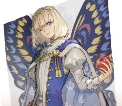 Rule 34 | 1boy, apple, blonde hair, blue eyes, blunt bangs, butterfly wings, cape, collared shirt, eiki (eikityou 55), fate/grand order, fate (series), food, frilled shirt collar, frills, fruit, fur-trimmed cape, fur trim, highres, holding, holding food, holding fruit, insect wings, juliet sleeves, long sleeves, male focus, oberon (fate), one eye closed, puffy sleeves, red apple, shirt, short hair, signature, smile, solo, tassel, upper body, white shirt, wings