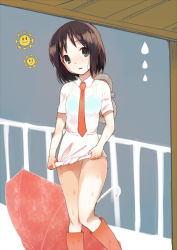 Rule 34 | 1girl, black eyes, black hair, boots, bra, brown hair, clothes pull, green eyes, looking at viewer, mado (view85), necktie, nichijou, no pants, panties, parted lips, railing, rubber boots, see-through, shinonome nano, shirt pull, short sleeves, solo, standing, sun, thighs, umbrella, underwear, water drop, wet, wet clothes, winding key