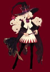 Rule 34 | 1girl, absurdres, black cape, black hat, blue eyes, bow, bowtie, cape, closed mouth, contrapposto, cookie run, cream puff cookie, dress, hat, highres, holding, holding wand, jitome, long hair, pigeon666, profile, red background, simple background, solo, standing, wand, white bow, white bowtie, white dress, white hair, witch hat
