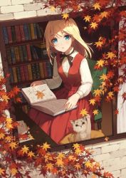 Rule 34 | 1girl, animal, autumn, autumn leaves, black ribbon, blonde hair, blue eyes, blurry, blush, book, bookshelf, breasts, brick wall, chair, cushion, depth of field, dress, dutch angle, eyebrows, eyelashes, falling leaves, from outside, highres, holding, holding book, kamon (shinshin), lace trim, leaf, letter, long hair, long sleeves, looking at viewer, maple leaf, original, parted lips, pillow, red dress, ribbon, shirt, signature, sitting, small breasts, sura (mana0703), surprised, tree shade, white shirt, window