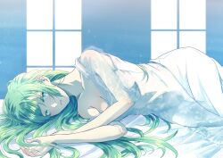 Rule 34 | 1girl, alice carroll, alternate costume, aqua eyes, aria (manga), armpit crease, bed sheet, breasts, cleavage, dress, feet out of frame, green hair, hair between eyes, hands up, highres, indoors, long hair, looking at viewer, lying, medium breasts, nabana yuna, off shoulder, on bed, on side, open mouth, see-through, see-through sleeves, sidelocks, single bare shoulder, solo, swept bangs, very long hair, white dress