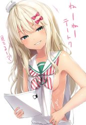 Rule 34 | 1girl, armpits, blonde hair, blush, breasts, clothes pull, dress, dress pull, grecale (kancolle), green eyes, grin, hair ornament, hair ribbon, hat, holding, kantai collection, long hair, meth (emethmeth), mini hat, papers, ribbon, sailor collar, sailor dress, sideboob, simple background, small breasts, smile, smug, solo, striped neckwear, tan, translation request, white background, white dress