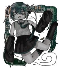 Rule 34 | 1girl, aqua necktie, bare shoulders, black skirt, cable, circuit board, closed eyes, collared shirt, crying, detached sleeves, earphones, frilled shirt collar, frills, green hair, hair between eyes, hatsune miku, highres, imo (imoknol), long hair, necktie, pleated skirt, shirt, shoulder tattoo, simple background, skirt, sleeveless, sleeveless shirt, solo, striped clothes, striped shirt, tattoo, very long hair, vocaloid, white background